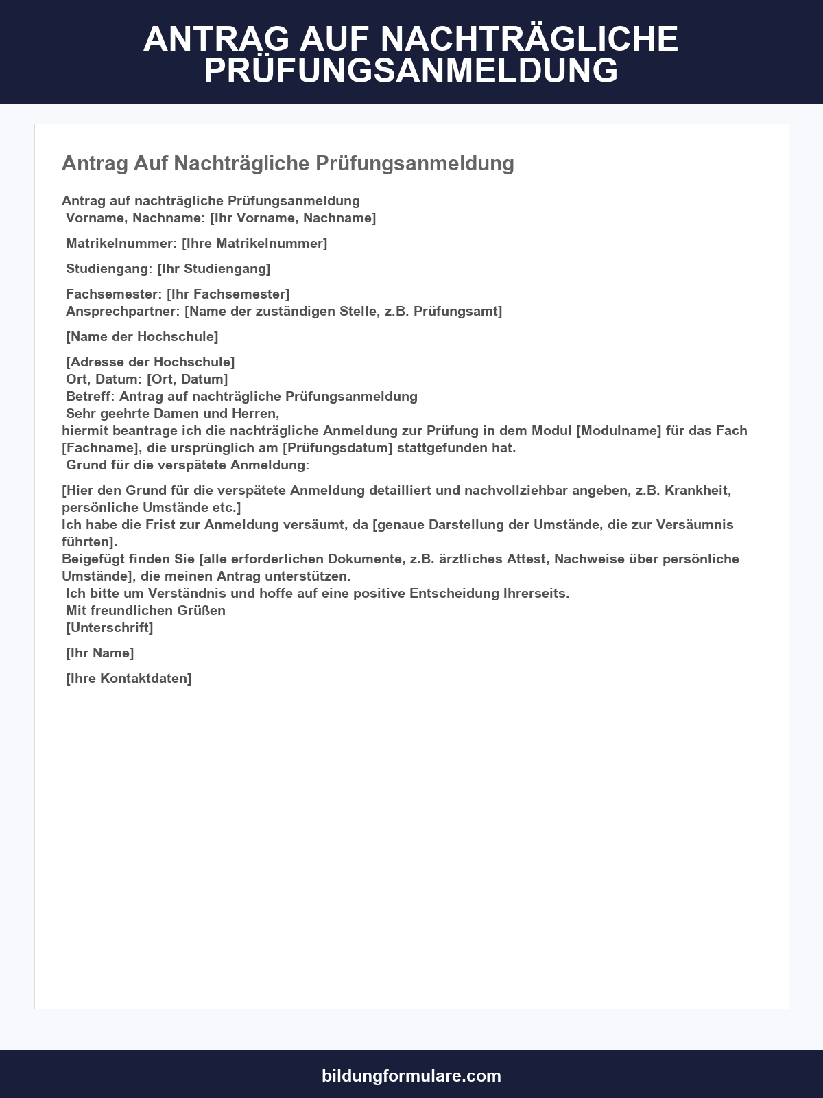 Antrag Auf Nachträgliche Prüfungsanmeldung Muster