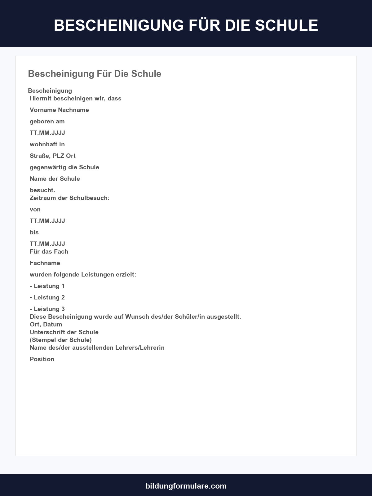 Bescheinigung Für Die Schule