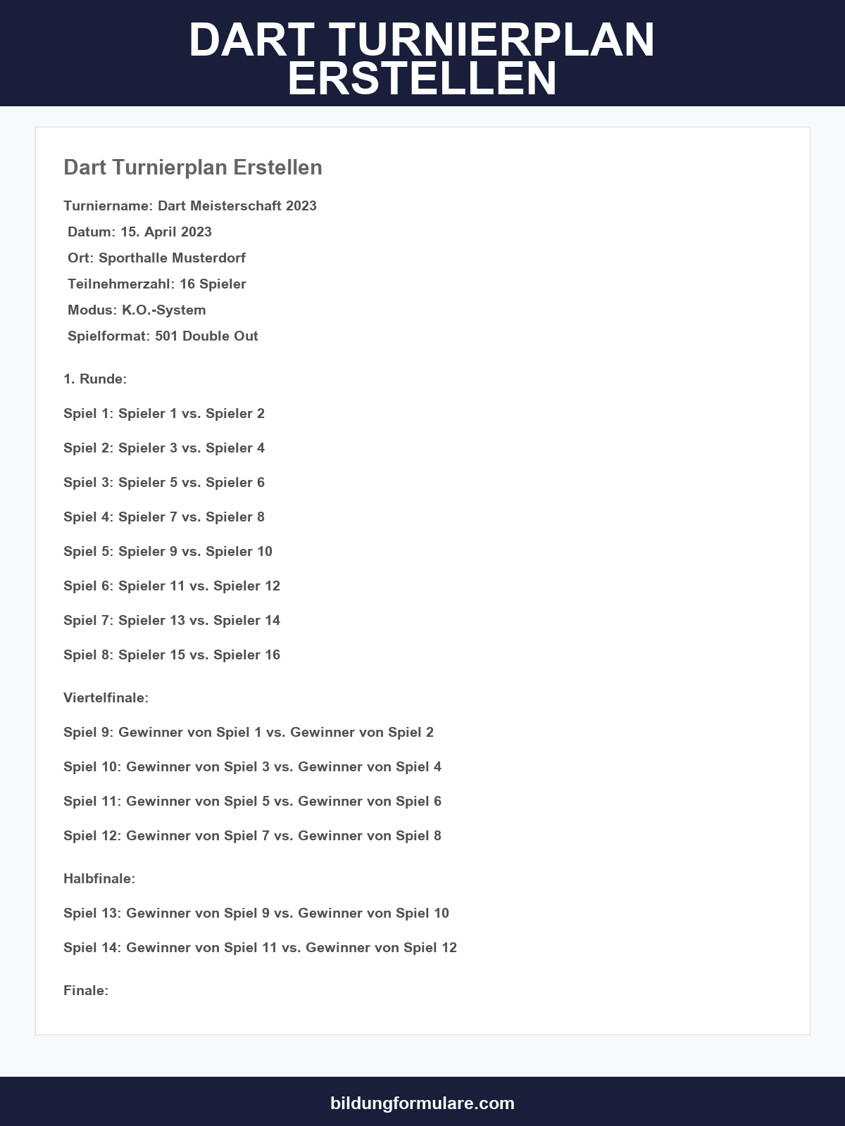 Dart Turnierplan Erstellen