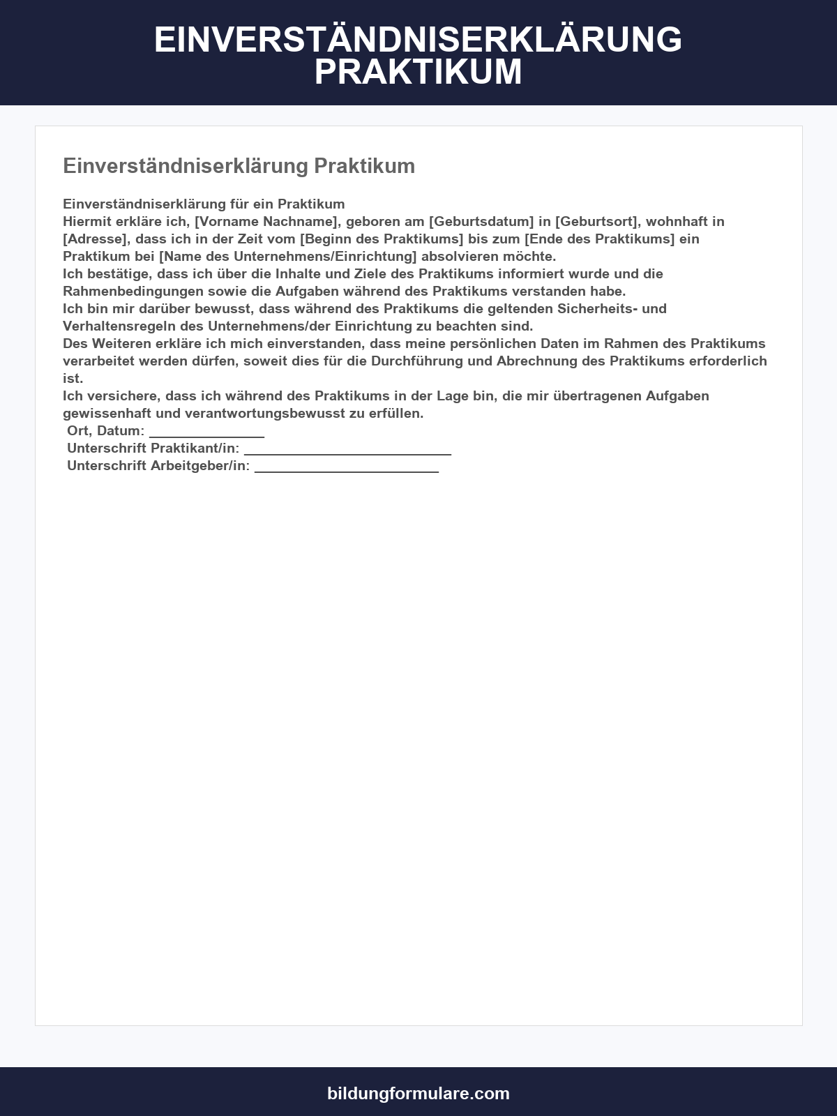 Einverständniserklärung Praktikum Vorlage