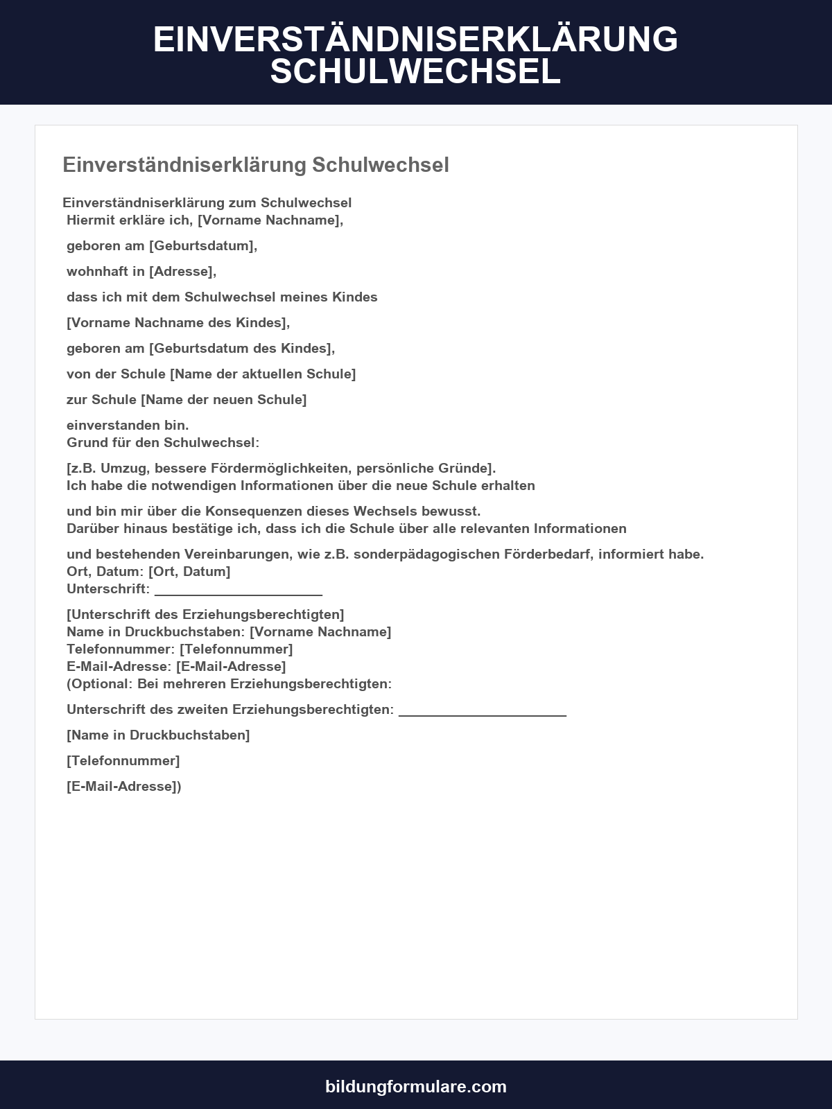 Einverständniserklärung Schulwechsel Vorlage
