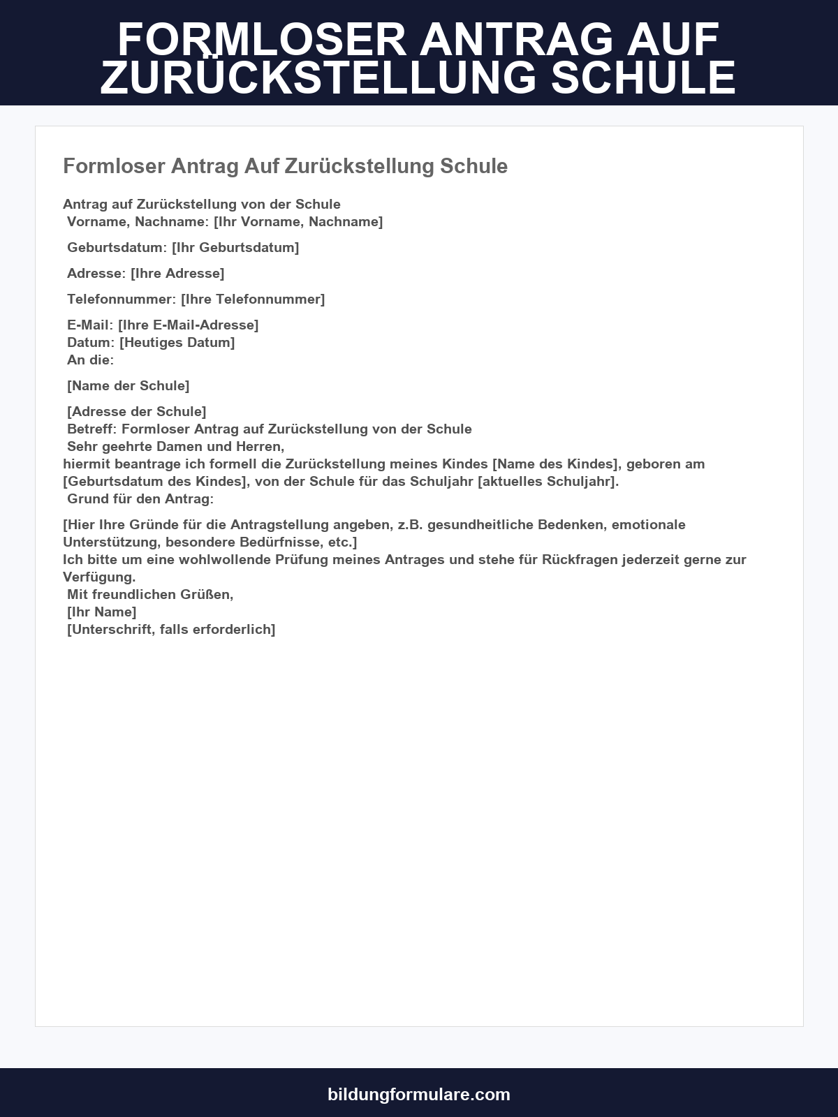 Formloser Antrag Auf Zurückstellung Schule Vorlage