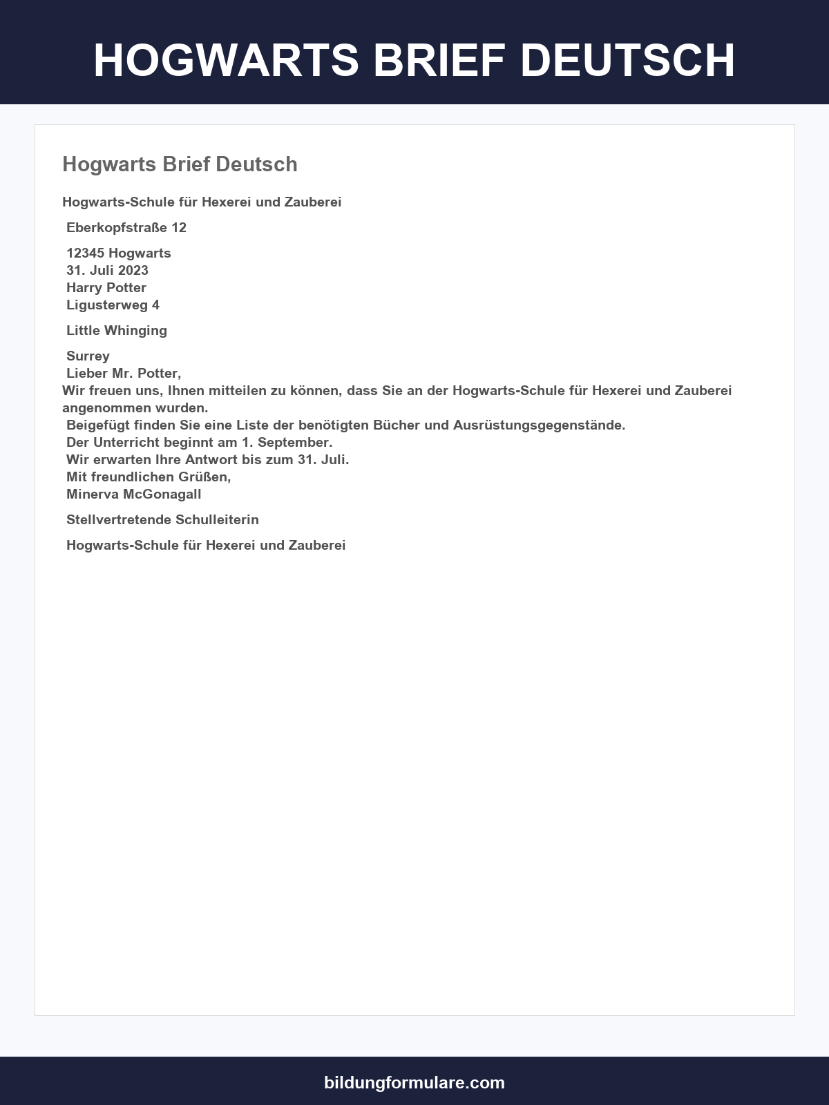 Hogwarts Brief Deutsch