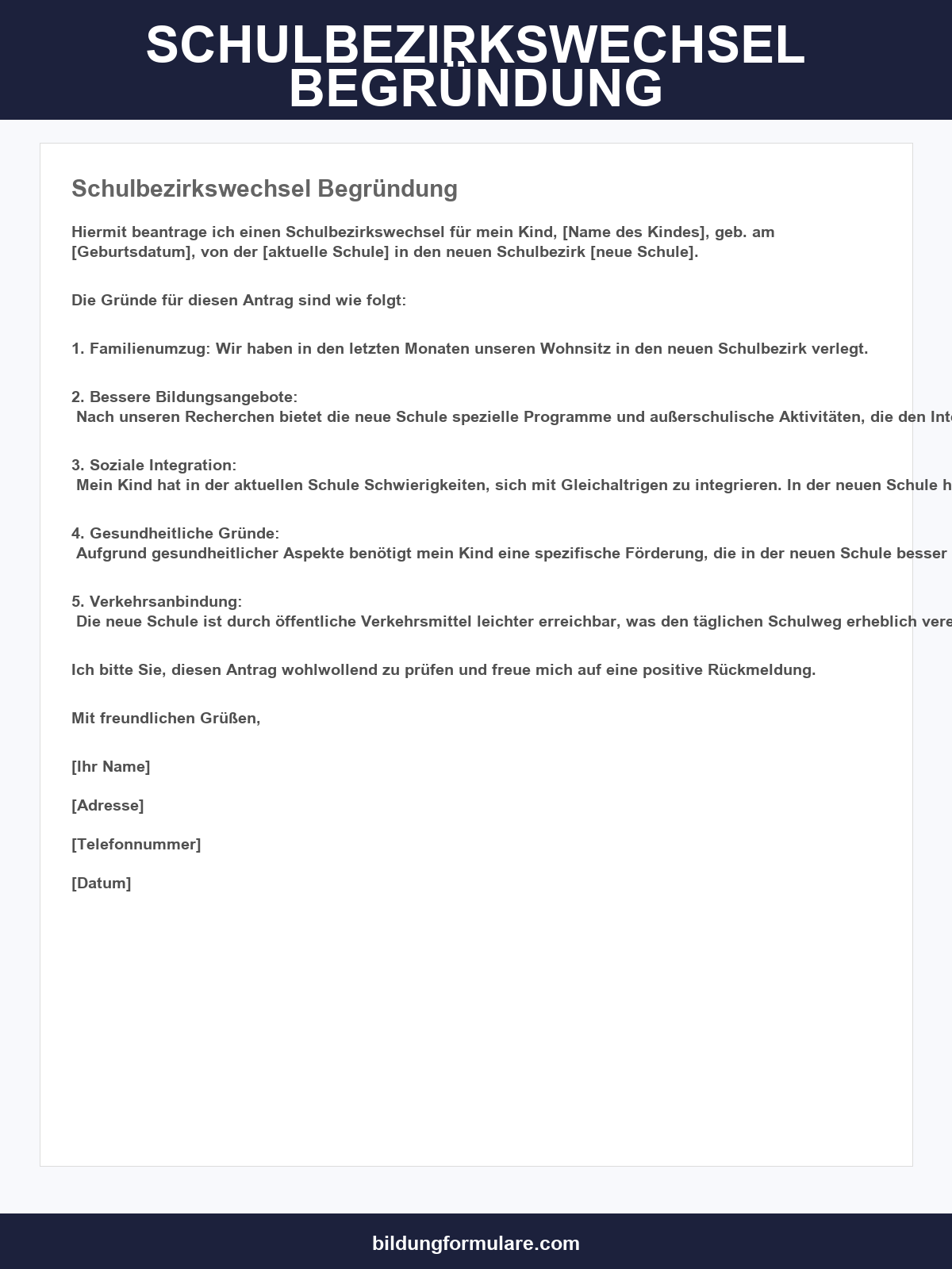 Schulbezirkswechsel Begründung Vorlage