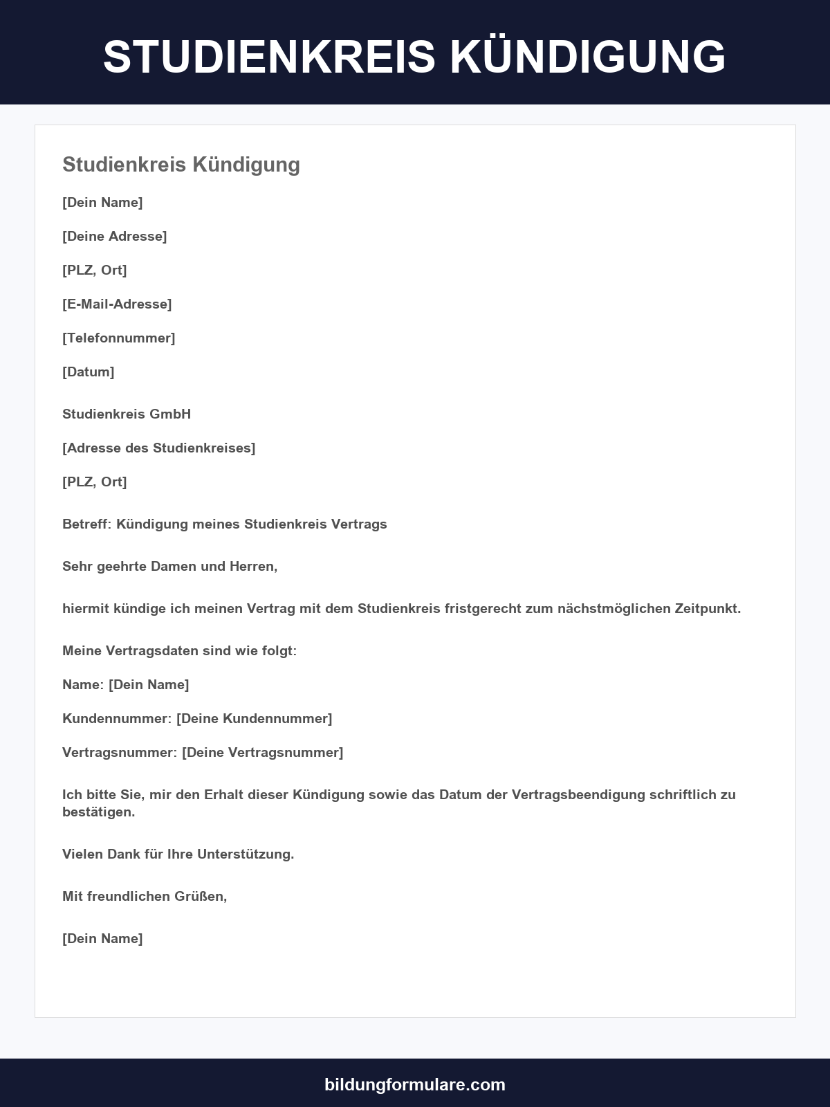 Studienkreis Kündigung Vorlage
