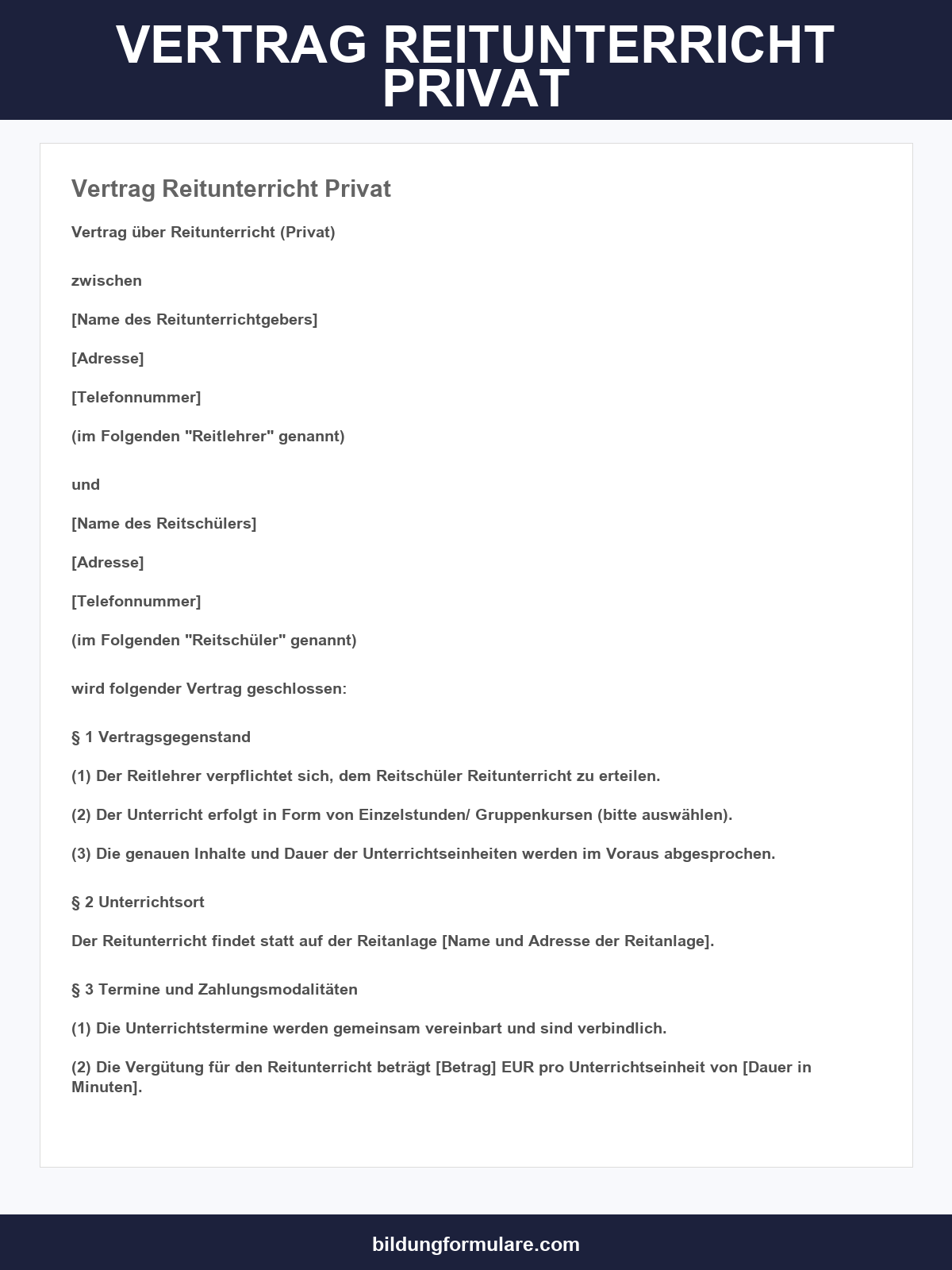Vertrag Reitunterricht Privat