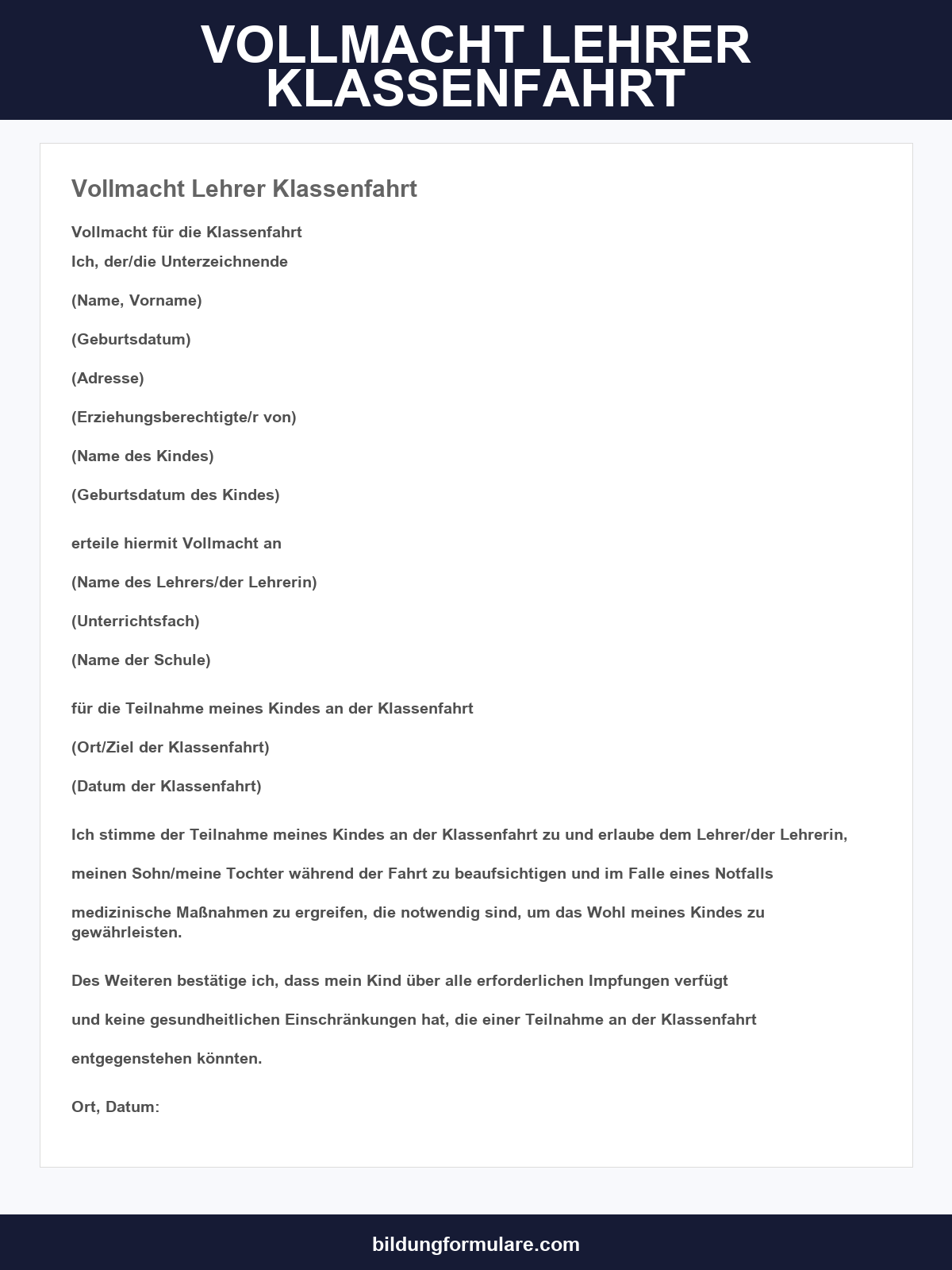 Vollmacht Lehrer Klassenfahrt